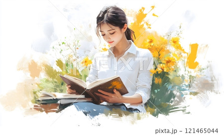 Young Woman Reading a Book in a Field of Yellow Flowers in Watercolor-Style Art 121465044