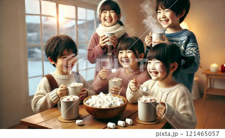 子供がマシュマロをホットココアに入れる 子供がマシュマロをホットココアに入れる 121465057