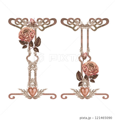 Elements for a frame, border with botanical roses, a heart, in a pink-brown mocha-mousse palette. Botanical watercolor clipart for wedding, valentine's day, women's card, poster, scrapbook, web design 121465090