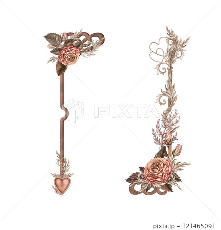 Elements for a frame, border with botanical roses, a heart, in a pink-brown mocha-mousse palette. Botanical watercolor clipart for wedding, valentine's day, women's card, poster, scrapbook, web design 121465091