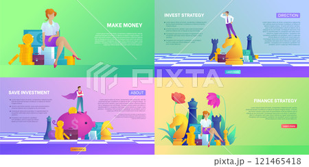 Investment and making money banner set. Concept of finance and strategy theme. Set with various business people. Chess game. Trendy flat vector illustration Investment and making money banner set. Concept of finance and strategy theme. Set with various business people. Chess game. Trendy flat vector illustration 121465418