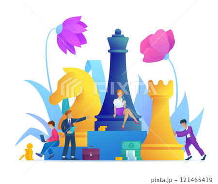 Business strategy cartoon concept. Successful teamwork page concept with chess piece. Effective corporate analysis game for finance success. Flat vector illustration with flower decoration. Business strategy cartoon concept. Successful teamwork page concept with chess piece. Effective corporate analysis game for finance success. Flat vector illustration with flower decoration. 121465419