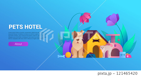 Pets hotel cartoon horizontal flyer design. Welcoming place for dogs and cats banner. Comfortable accommodation, playtime, exercise and healthy meals concept. Pet boarding service vector illustration Pets hotel cartoon horizontal flyer design. Welcoming place for dogs and cats banner. Comfortable accommodation, playtime, exercise and healthy meals concept. Pet boarding service vector illustration 121465420