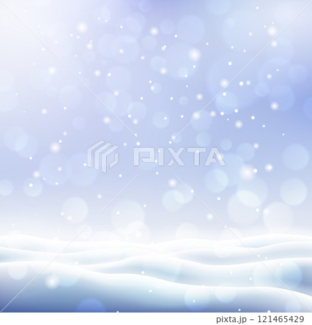 Beautiful winter background with covered snow field. Merry Christmas and Happy New Year snowy template with copy space. Realistic snowdrifts and snowfall. Winter cold weather vector illustration. Beautiful winter background with covered snow field. Merry Christmas and Happy New Year snowy template with copy space. Realistic snowdrifts and snowfall. Winter cold weather vector illustration. 121465429