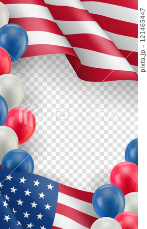 USA country patriotic vertical flyer with space for text. Realistic waving american flag and air balloons on transparent background. Independence and freedom, democracy and patriotism vector banner 121465447