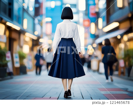 夕方の街を歩く若い女性の後ろ姿 121465678