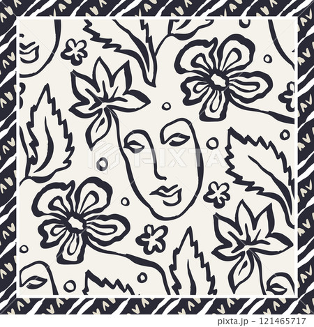 Monochrome black and white brush strokes inky flowers and female faces scarf or bandana design 121465717