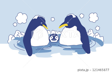 温泉に入るペンギンの親子のシンプルなベクターイラストのイラスト素材
