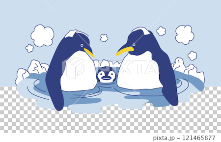 温泉に入るペンギンの親子のシンプルなベクターイラストのイラスト素材