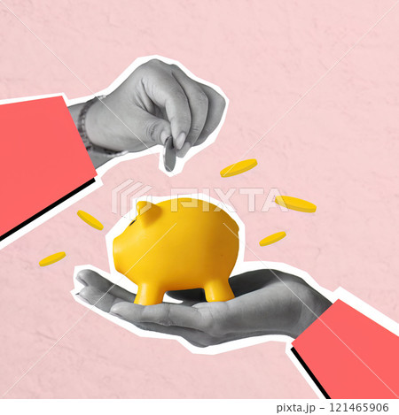 Creative collage of hands interacting with a yellow piggy bank for savings 121465906