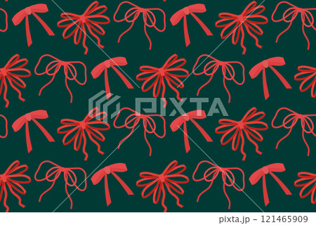 Seamless vector pattern with red ribbons in flat style on green background. Surface design with bows. Festive texture with barrette 121465909