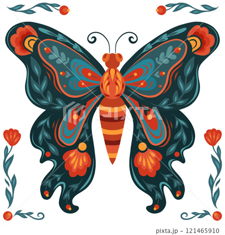 Vector square card with tracery butterfly in folk art style. Decorative illustration of a flying insect with a floral ornament 121465910