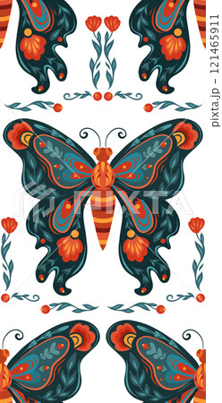 Vector seamless pattern with tracery butterfly in folk art style. Decorative wallpaper with flying insect with floral ornament 121465911