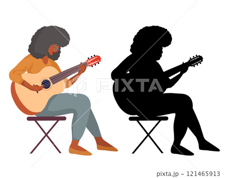 Vector set of flat illustration and black silhouette of African old woman playing the guitar isolated from background. Collection of pensioners 121465913