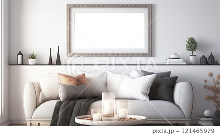 Scandinavian interior living room with mock up frame on the wall. Generative AI 121465979