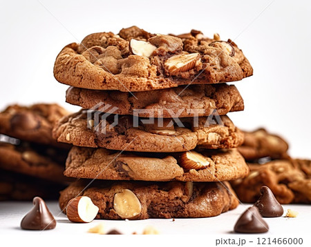 Tasty homemade chocolate cookies on wooden table. Generative AI Tasty homemade chocolate cookies on wooden table. Generative AI 121466000