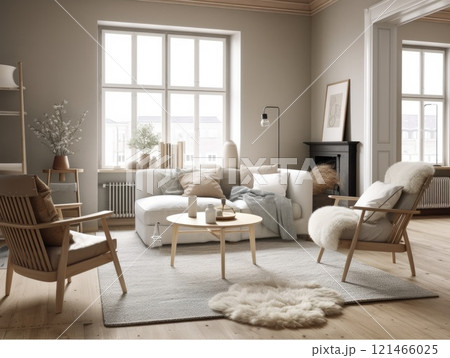 Scandinavian interior design living room with large window. Generative AI 121466025