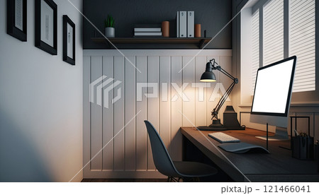 Wooden study table with desktop computer in modern room. Generative AI 121466041