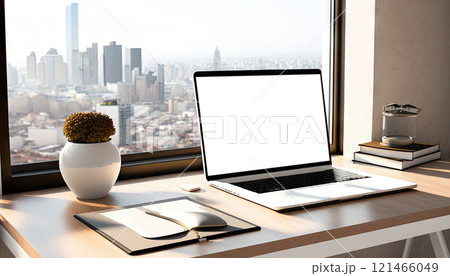 Mock up laptop computer in modern apartment room with city view in the background. Generative AI 121466049