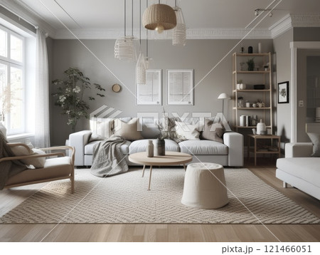Stylish scandinavian living room with beautiful furniture and decor. Generative AI 121466051
