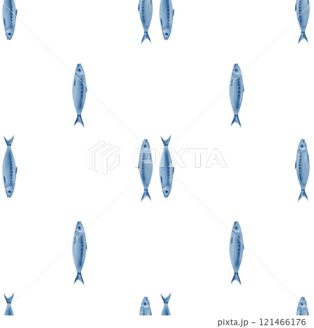 Sardine fish in seamless pattern swimming up and down in stylized watercolor illustration on a transparent background for the holiday sardine funeral,fish restaurants,posters,fish markets and stores 121466176