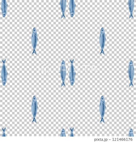 Sardine fish in seamless pattern swimming up and down in stylized watercolor illustration on a transparent background for the holiday sardine funeral,fish restaurants,posters,fish markets and stores 121466176