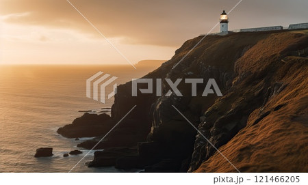 Image of light house on the hill by the beautiful sea. Generative AI 121466205