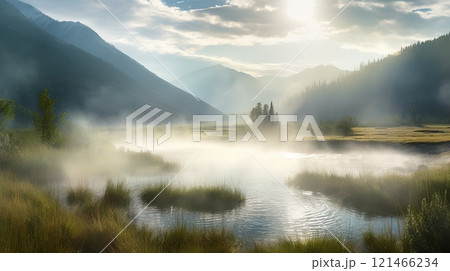 landscape with mountains, forest and a river, beautiful scenery. Generative AI 121466234