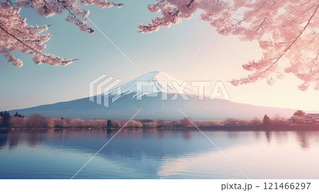 Fuji mountain and cherry blossoms in spring. Generative AI 121466297
