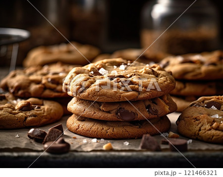 Tasty homemade chocolate cookies on wooden table. Generative AI Tasty homemade chocolate cookies on wooden table. Generative AI 121466321