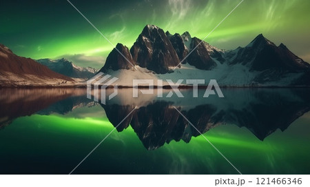 Beautiful Northern Lights above mountain and river. Generative AI 121466346
