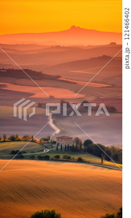 image of path in the mountains with beautiful sunset. Generative AI 121466402