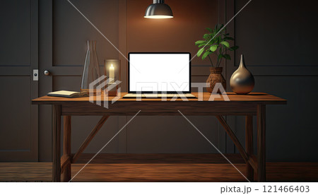 Mock up laptop computer on wooden study table in dark retro workspace at night. Generative AI 121466403