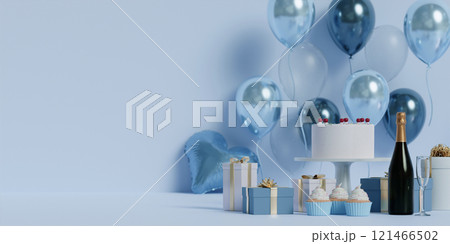 Blue Celebration with Cake and Balloons, Festive 3D Render 121466502