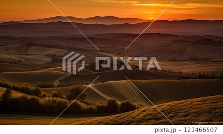 image of path in the mountains with beautiful sunset. Generative AI 121466507