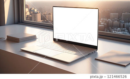 Mock up laptop computer in modern apartment room with city view in the background. Generative AI 121466526