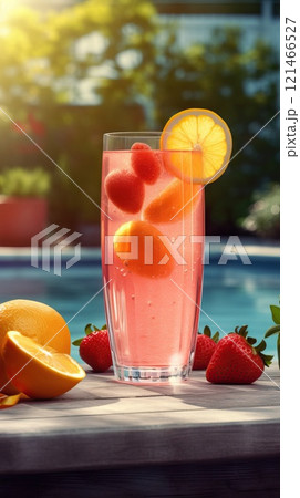 Summer iced cold drink with strawberry and lemon. Generative AI 121466527