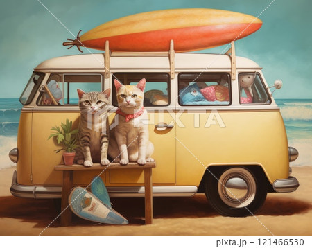 Adorable cat sittign on the car, ready for travel, summer concept. Generative AI Adorable cat sittign on the car, ready for travel, summer concept. Generative AI 121466530
