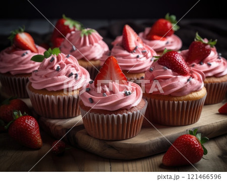 Homemade pink sweet cupcake with strawberries. Generative AI Homemade pink sweet cupcake with strawberries. Generative AI 121466596