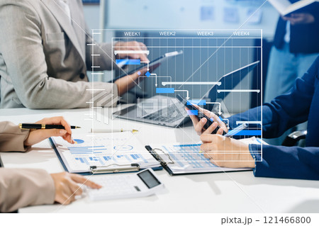 Project manager working and update tasks with milestones progress planning and Gantt chart scheduling diagram. 121466800