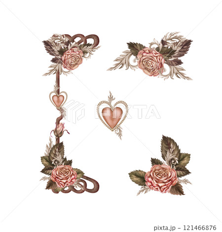 Elements for a frame, border with botanical roses, a pearl heart, in a pink-brown mocha-mousse palette. Botanical watercolor clipart for wedding, valentine's day, card, poster, scrapbook, postcard 121466876