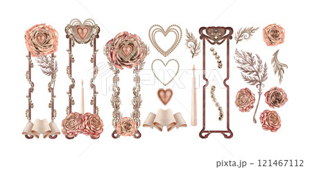 Large set of elements for a frame, border with botanical roses, a pearl heart, in a pink-brown mocha-mousse palette. Botanical watercolor clipart for wedding, valentines day, card, scrapbook, postcard 121467112