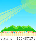a view of summer with villages and mountains 121467171