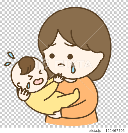 Illustration of a crying baby and mother 121467303