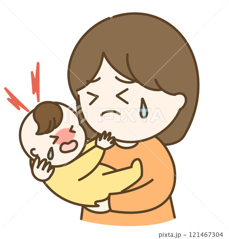 癇癪を起こして泣く赤ちゃんとお母さんのイラスト 121467304