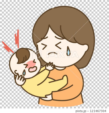 癇癪を起こして泣く赤ちゃんとお母さんのイラスト 121467304