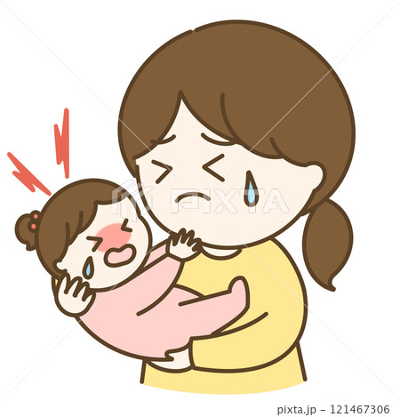 癇癪を起こして泣く赤ちゃんとまとめ髪のお母さんのイラスト 癇癪を起こして泣く赤ちゃんとまとめ髪のお母さんのイラスト 121467306