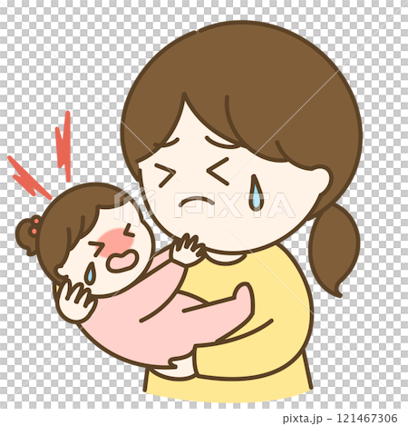 癇癪を起こして泣く赤ちゃんとまとめ髪のお母さんのイラスト 癇癪を起こして泣く赤ちゃんとまとめ髪のお母さんのイラスト 121467306
