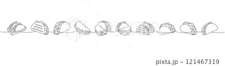 Mexican tacos one line continuous drawing. Traditional Mexican fast-food. Vector linear illustration. 121467319