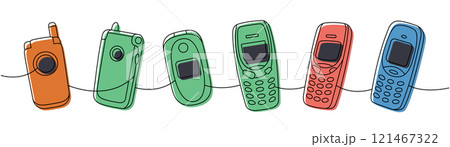 Retro phones one line colored continuous drawing. Mobile flip phone, old mobile phone. Vector linear illustration. 121467322